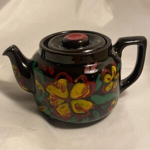 Vintage CANADA small ceramic Teapot Black glossy painted yellow flower pattern